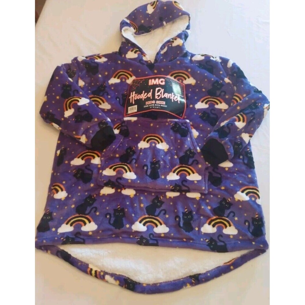 IMG Hooded Blanket Pullover Sherpa Lined Velour Halloween Black Cats Kids One...